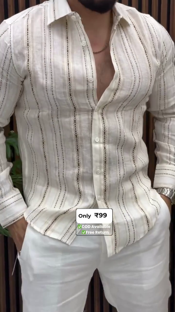 🤍✨ Premium Ivory Vertical Stripe Textured Men's Casual Shirt | Smart Slim Fit Full Sleeve Shirt | Stylish Everyday & Party Wear ✨🤍