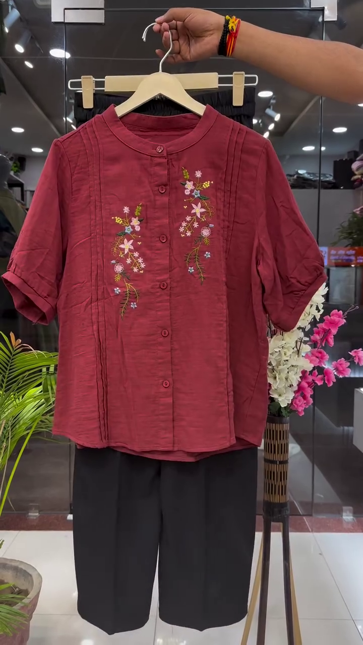 Premium Women's Maroon Floral Embroidered Shirt & Black Straight Pant Co-Ord Set
