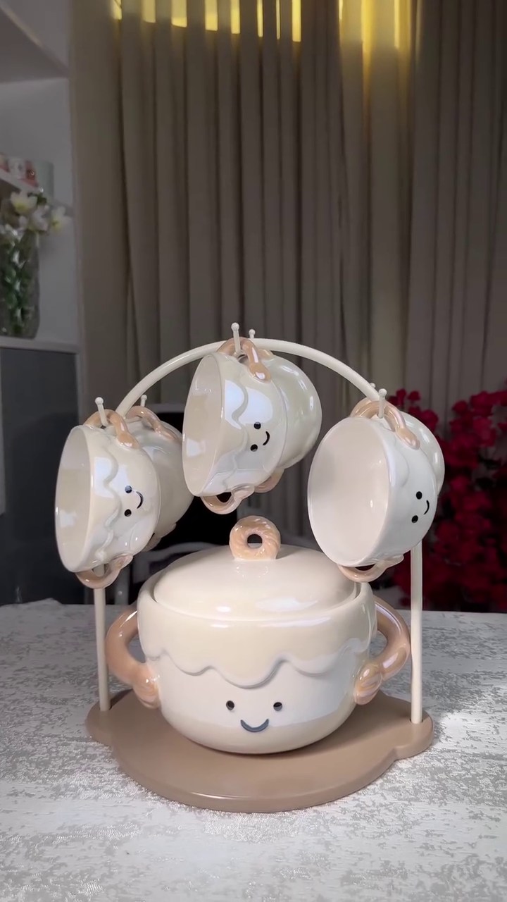 ☕😊 Premium Cute Smiley Ceramic Tea Cup Set with Stand