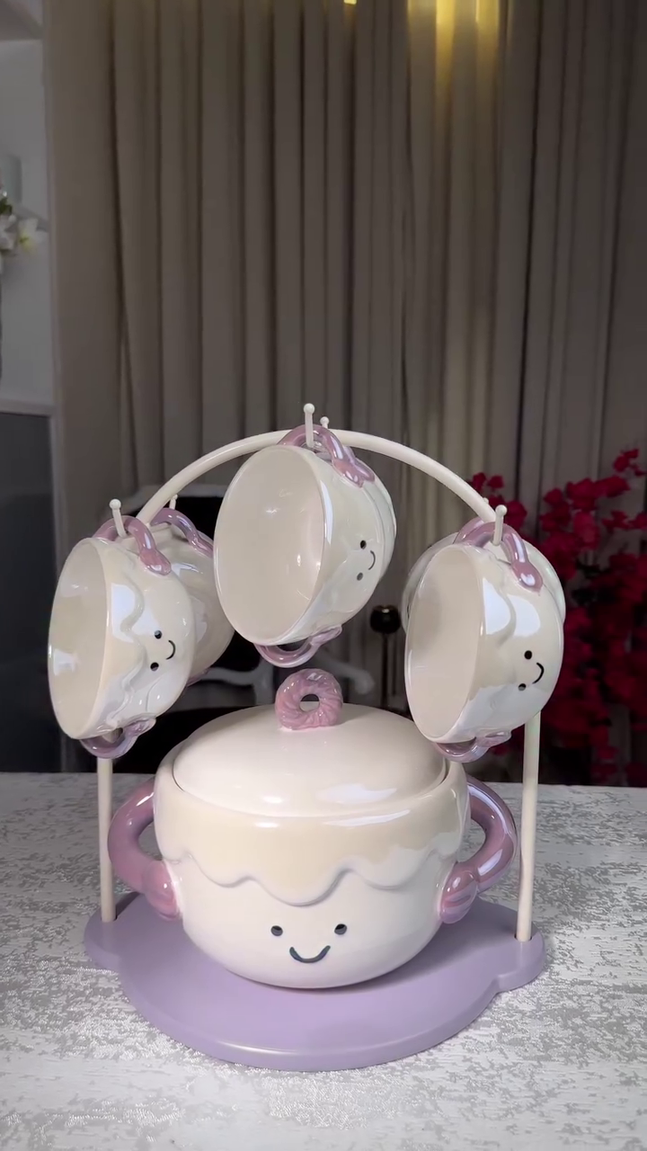 ☕😊 Premium Cute Smiley Ceramic Tea Cup Set with Stand
