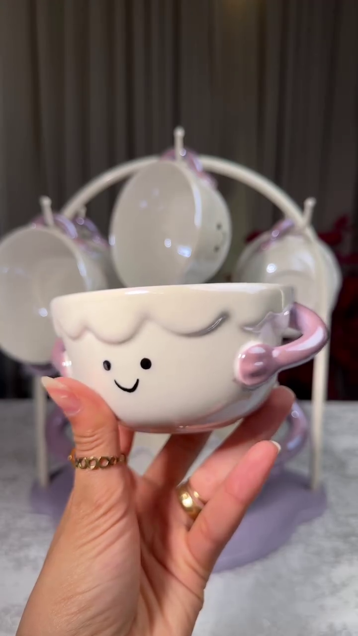 ☕😊 Premium Cute Smiley Ceramic Tea Cup Set with Stand