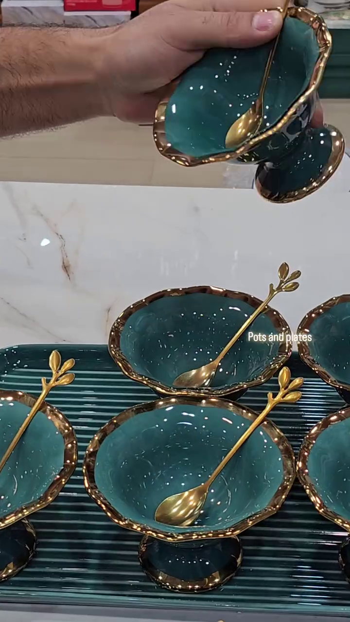 🍃 Royal Elegance Ceramic Snack & Dip Bowl Set with Gold Leaf Spoons & Serving Tray