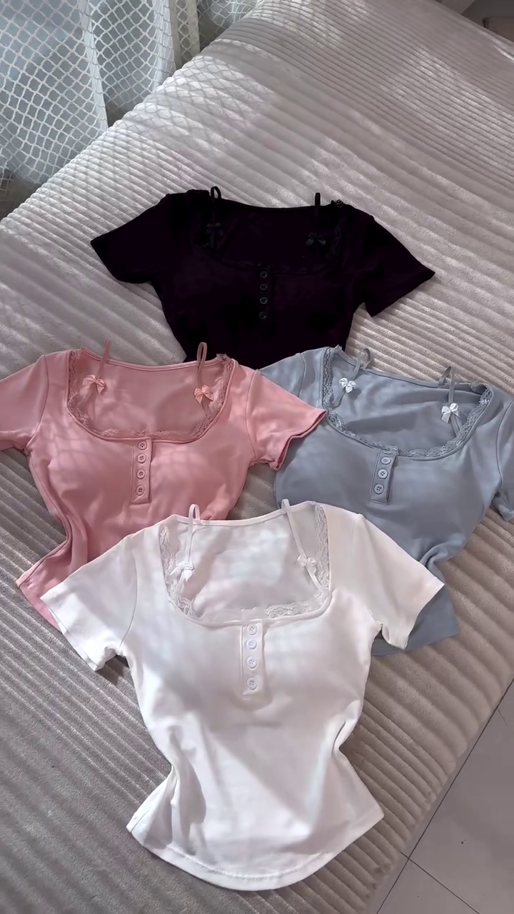 🎀💗 Premium Satin Bow-Trim Fitted Women’s Top | Elegant Square-Neck Button-Front Baby Tee | Trendy Korean-Inspired Casual Crop Top | Soft Feminine Everyday Wear | Multiple Colours, Designs & Sizes XXS–XXL
