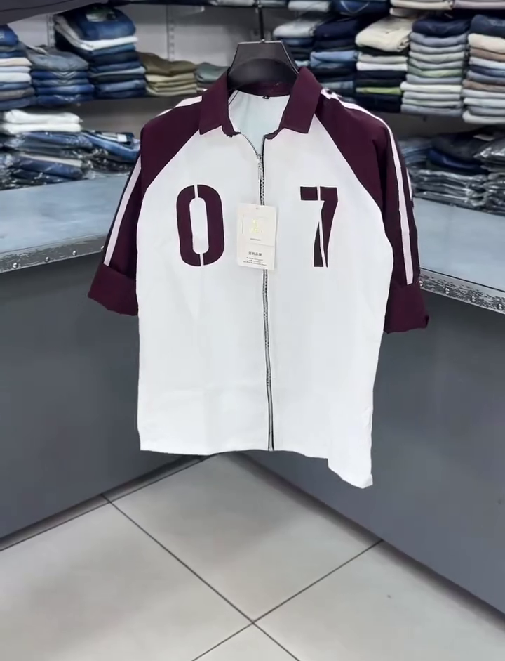 🏁 Premium Varsity Racing Zip-Up Polo T-Shirt – Maroon & White Contrast Sporty Number 07 Streetwear Top