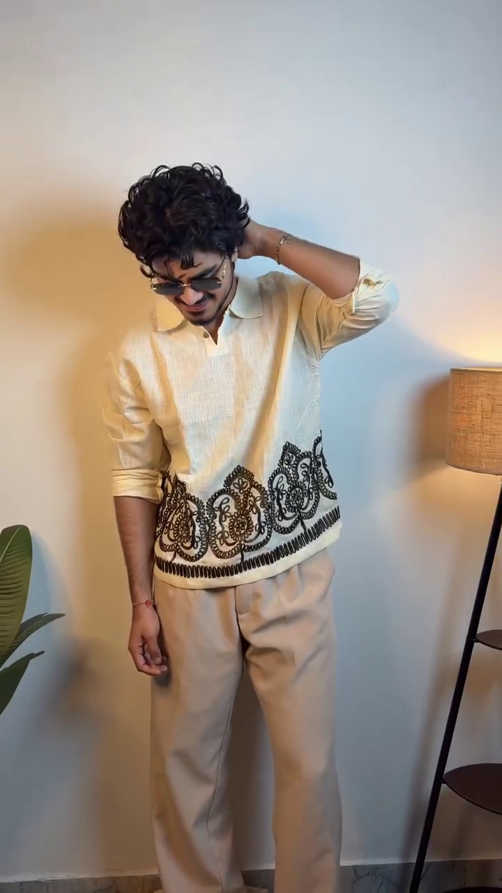 🤍✨ Premium Embroidered Designer Shirt for Men – Elegant Cream Textured Shirt with Statement Floral Border & Modern Casual Ethnic Style