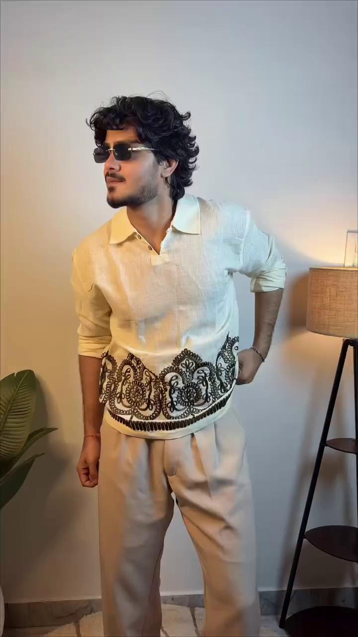 🤍✨ Premium Embroidered Designer Shirt for Men – Elegant Cream Textured Shirt with Statement Floral Border & Modern Casual Ethnic Style