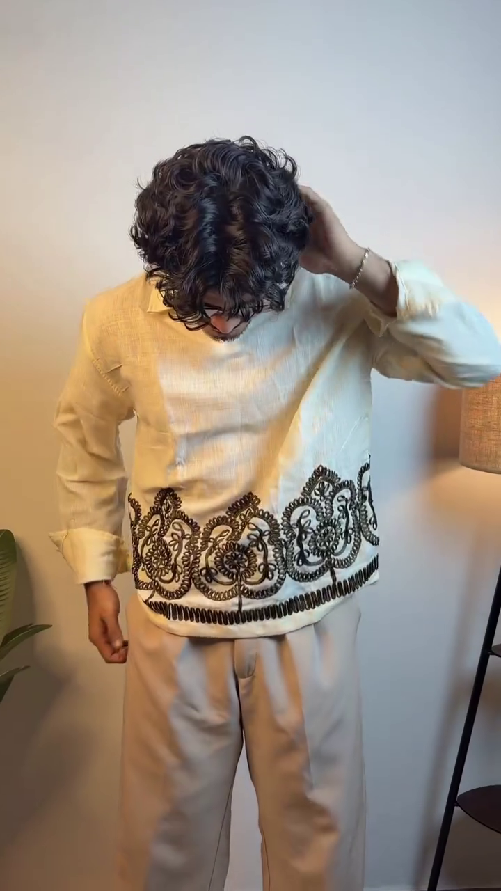 🤍✨ Premium Embroidered Designer Shirt for Men – Elegant Cream Textured Shirt with Statement Floral Border & Modern Casual Ethnic Style