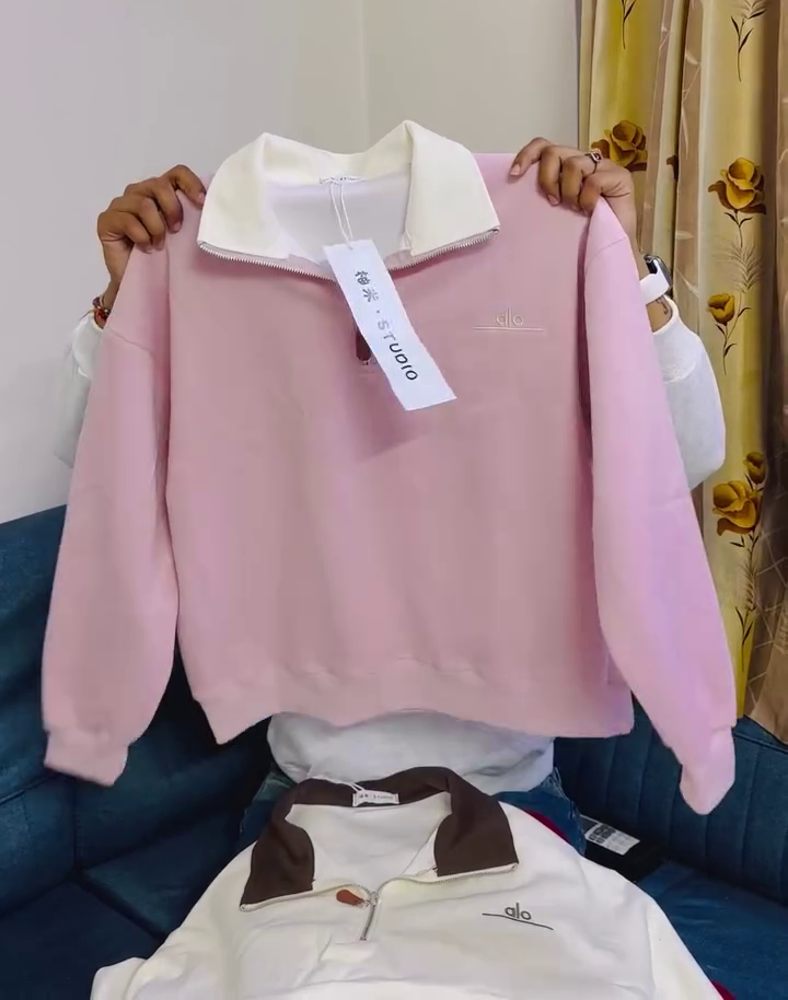 🌸 Premium Pink Contrast Collar Sweatshirt – Elegant Half-Zip Pullover | Stylish Casual & Streetwear Collection