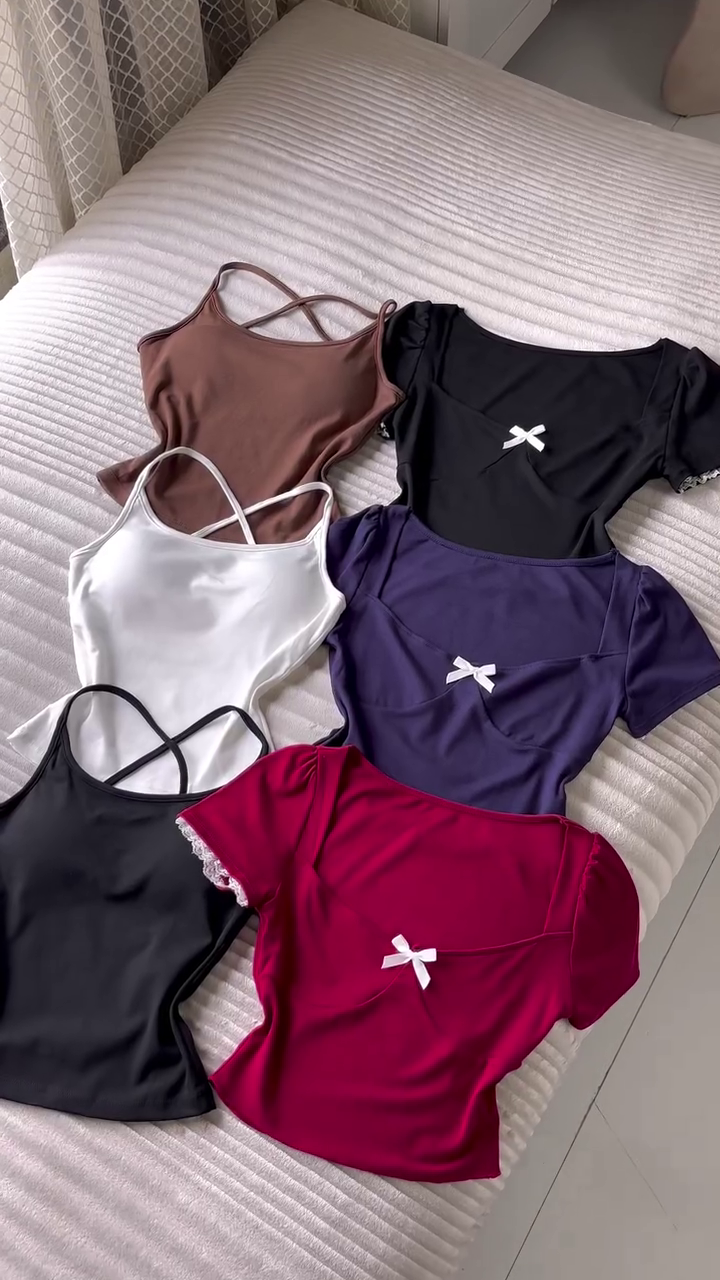 🌸✨ Premium Feminine Bow-Detail Fitted Crop Top – Stylish Short Sleeve Slim-Fit Casual Fashion Top for Women & Girls ✨🌸