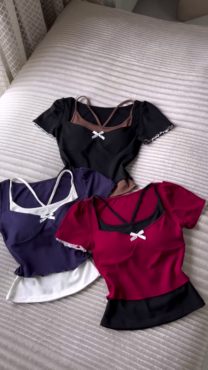 🌸✨ Premium Feminine Bow-Detail Fitted Crop Top – Stylish Short Sleeve Slim-Fit Casual Fashion Top for Women & Girls ✨🌸