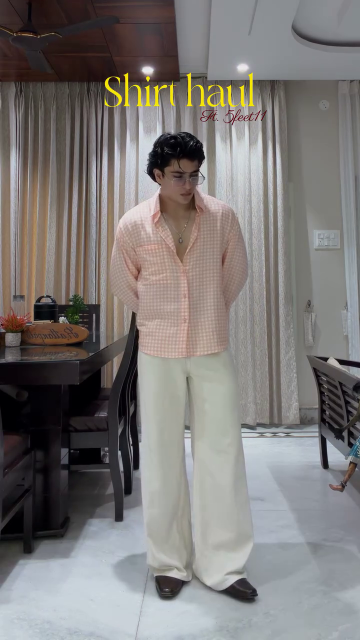 💖 Premium Peach Gingham Oversized Shirt – Elegant Casual Fashion for Men 🤍✨