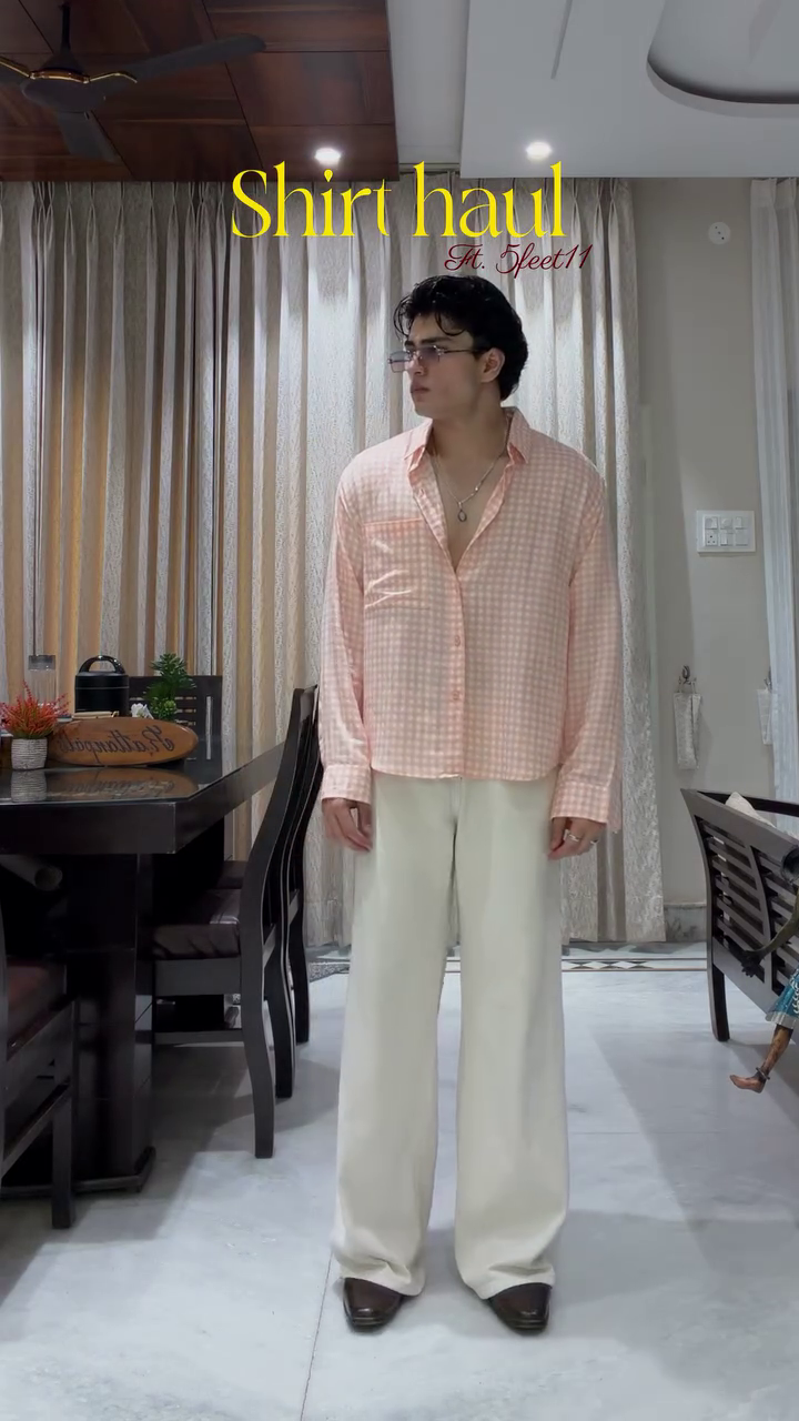 💖 Premium Peach Gingham Oversized Shirt – Elegant Casual Fashion for Men 🤍✨