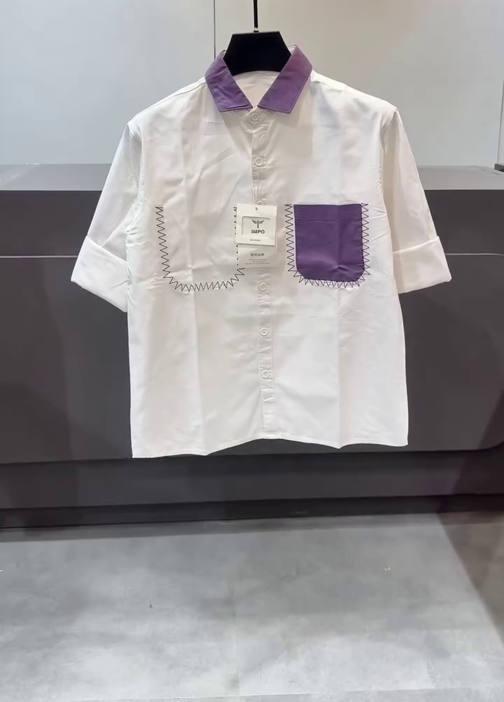 💜🤍 Premium Contrast Pocket Shirt – Modern Half-Sleeve Casual Style 👔✨