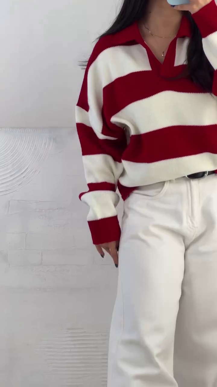 ❤️🤍 Premium Women’s Red & Cream Striped Polo Sweater – Chic Winter Fashion